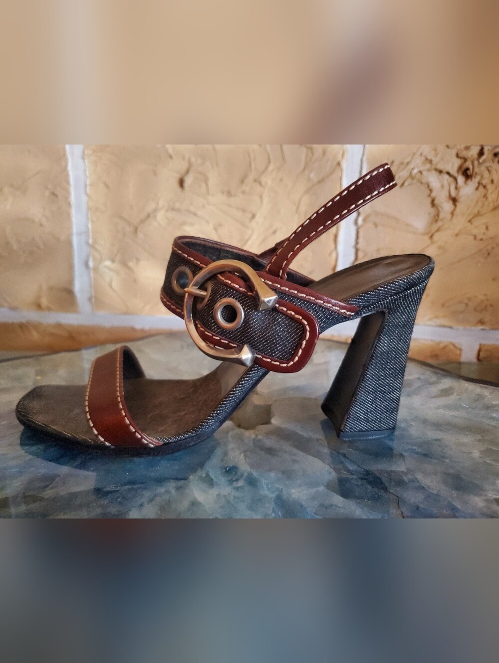 Vintage PRADA Women’s Brown Leather Accent Denim Block Heel Sandals - Picture 3 of 5